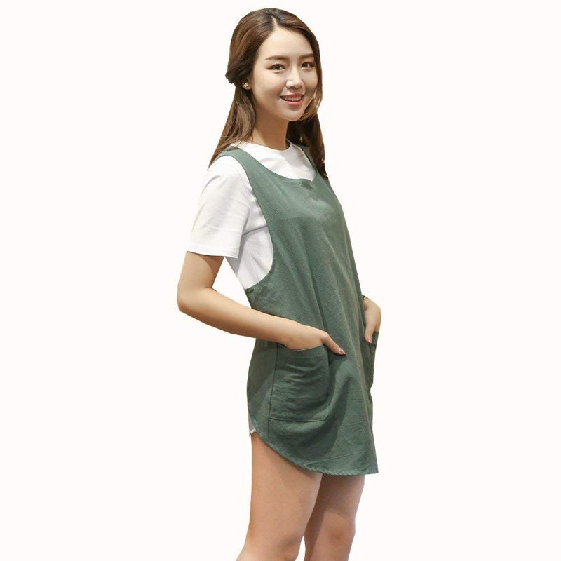 KKTOCHVC Japanese Style Soft Cotton Linen Apron with Two Side Pockets, X Cross Halter Apron, Kitchen Cooking Clothes Present for Women DIY Project, Crafting, Cooking, Baking (Army Green) - Image 1